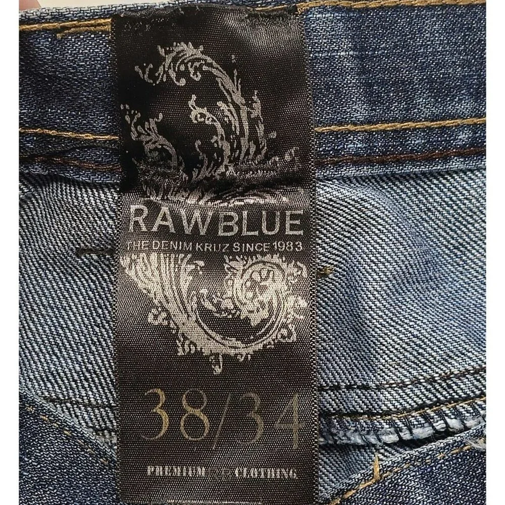 Raw Blue Premium Jeans Men's 38 Blue Embroidered Pockets‎ Hip Hop Y2K Dark Wash